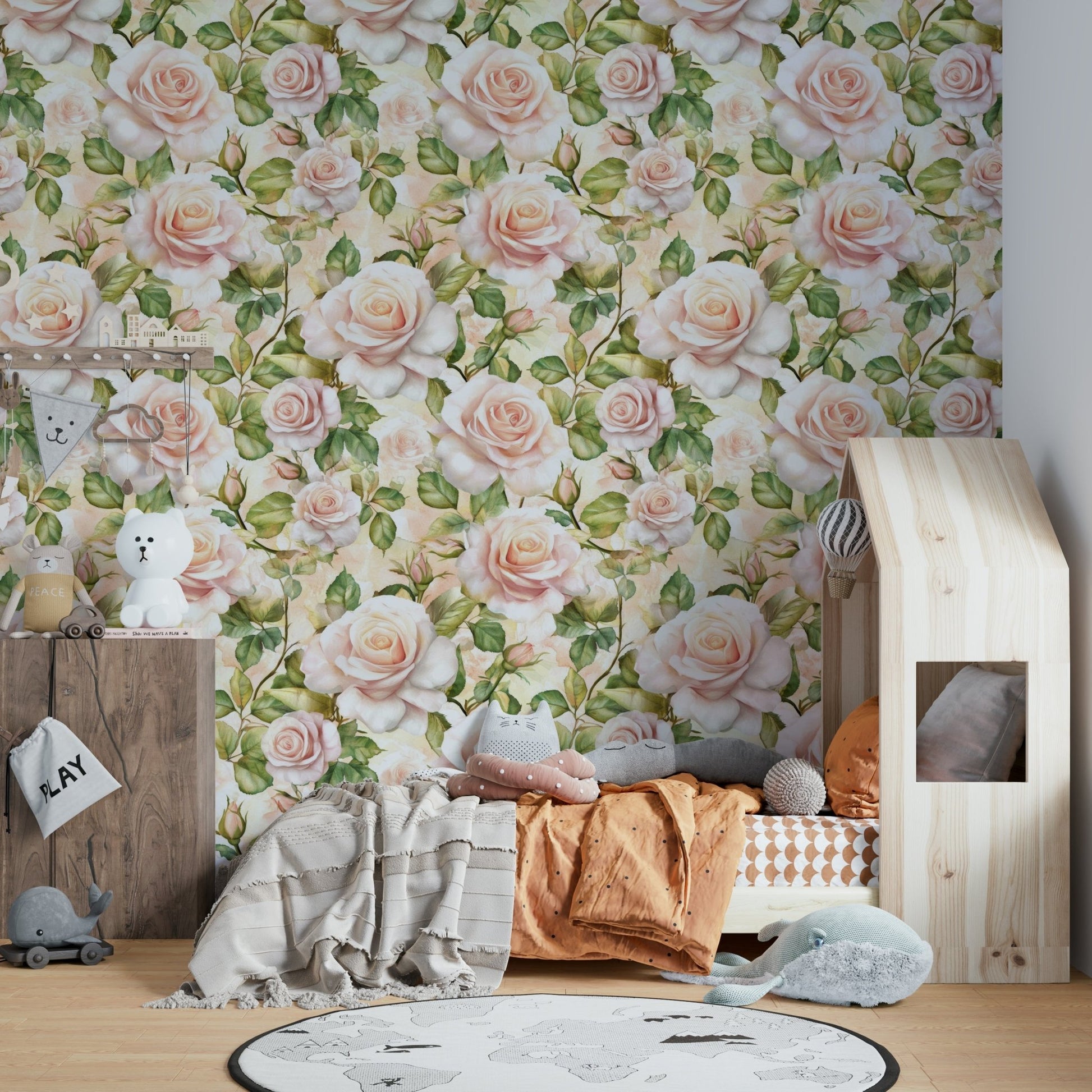 Full bloom roses on wallpaper for a romantic and elegant room.

