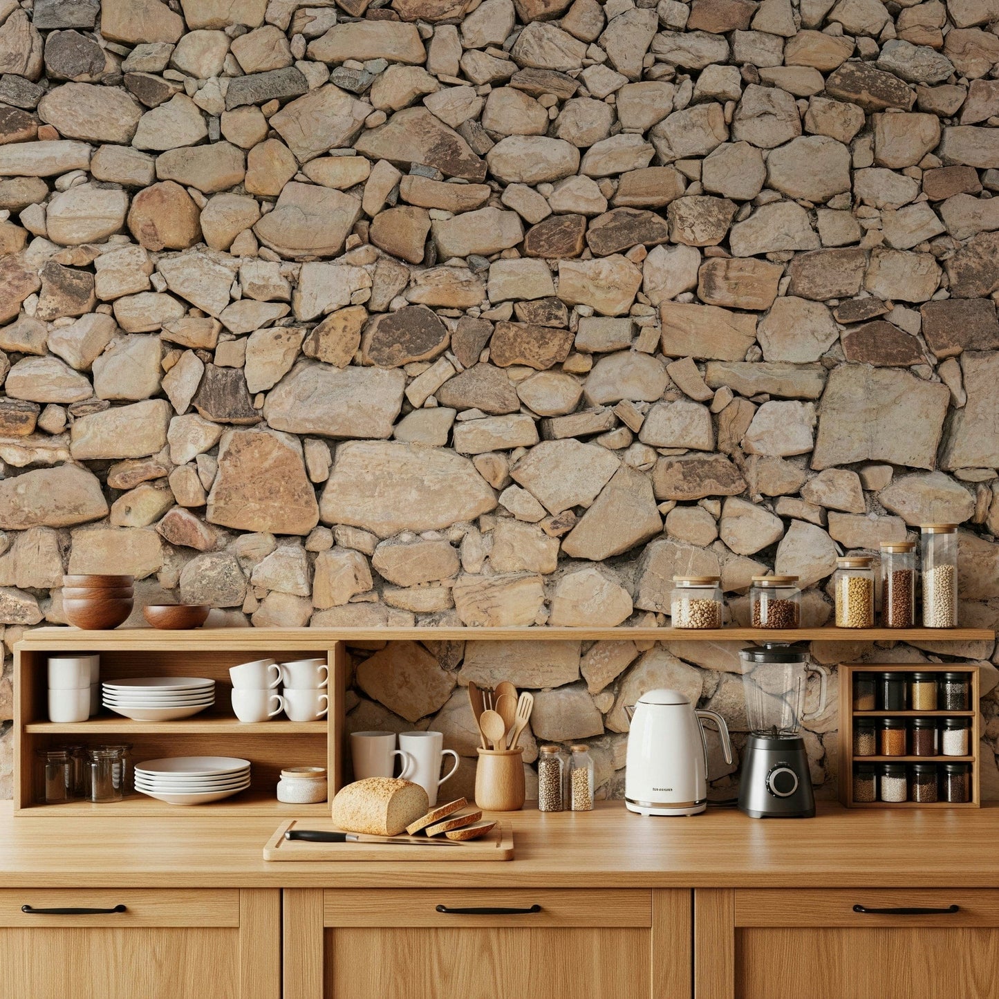Timeless Stonework wallpaper mural of rounded tan fieldstone above a wood kitchen counter with dishes and kettle