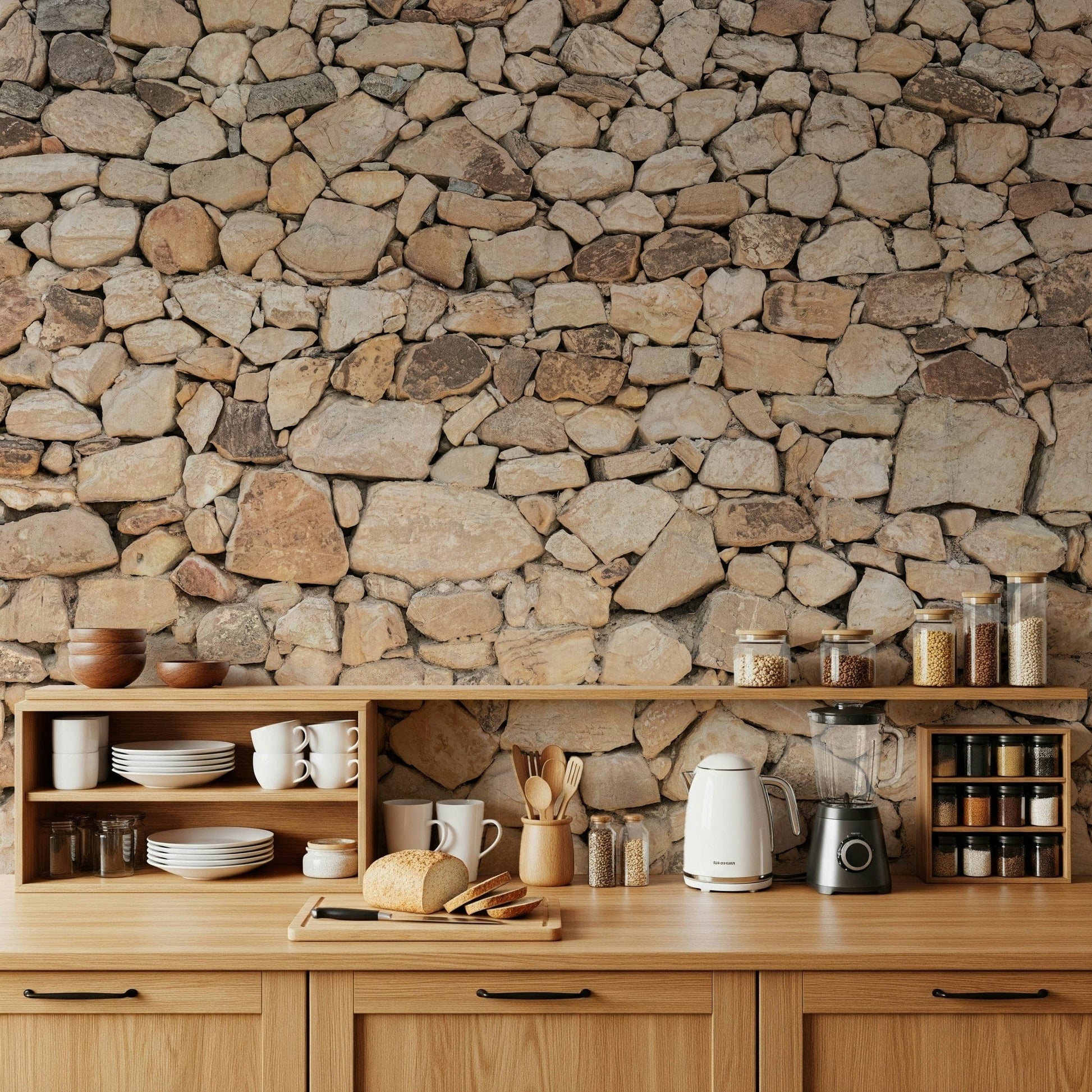 Timeless Stonework wallpaper mural of rounded tan fieldstone above a wood kitchen counter with dishes and kettle