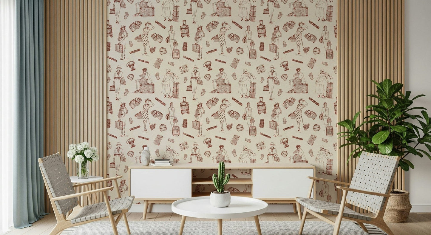 Narrative-style wallpaper with classic sketches and storytelling motifs.