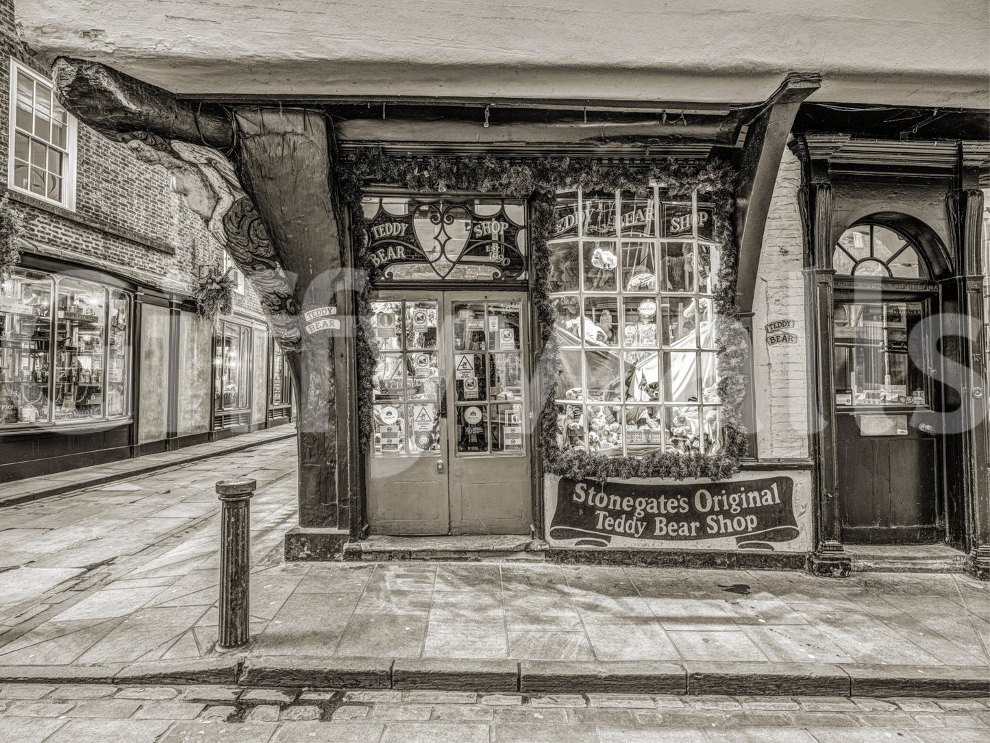 Charming alleyway view in this Timeless Toy Storefront Wall Mural