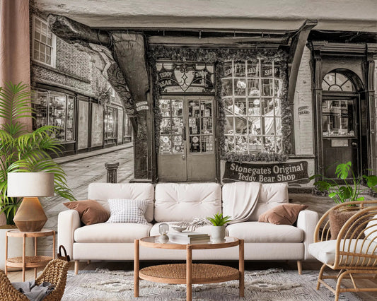 Vintage teddy bear storefront timeless toy storefront wall mural for living room.