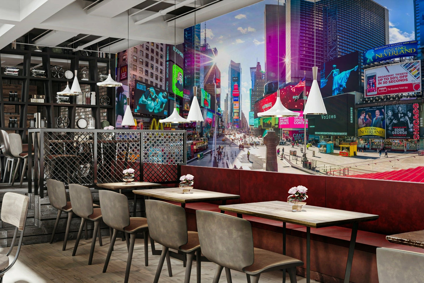 The mural is installed in a modern living room.

