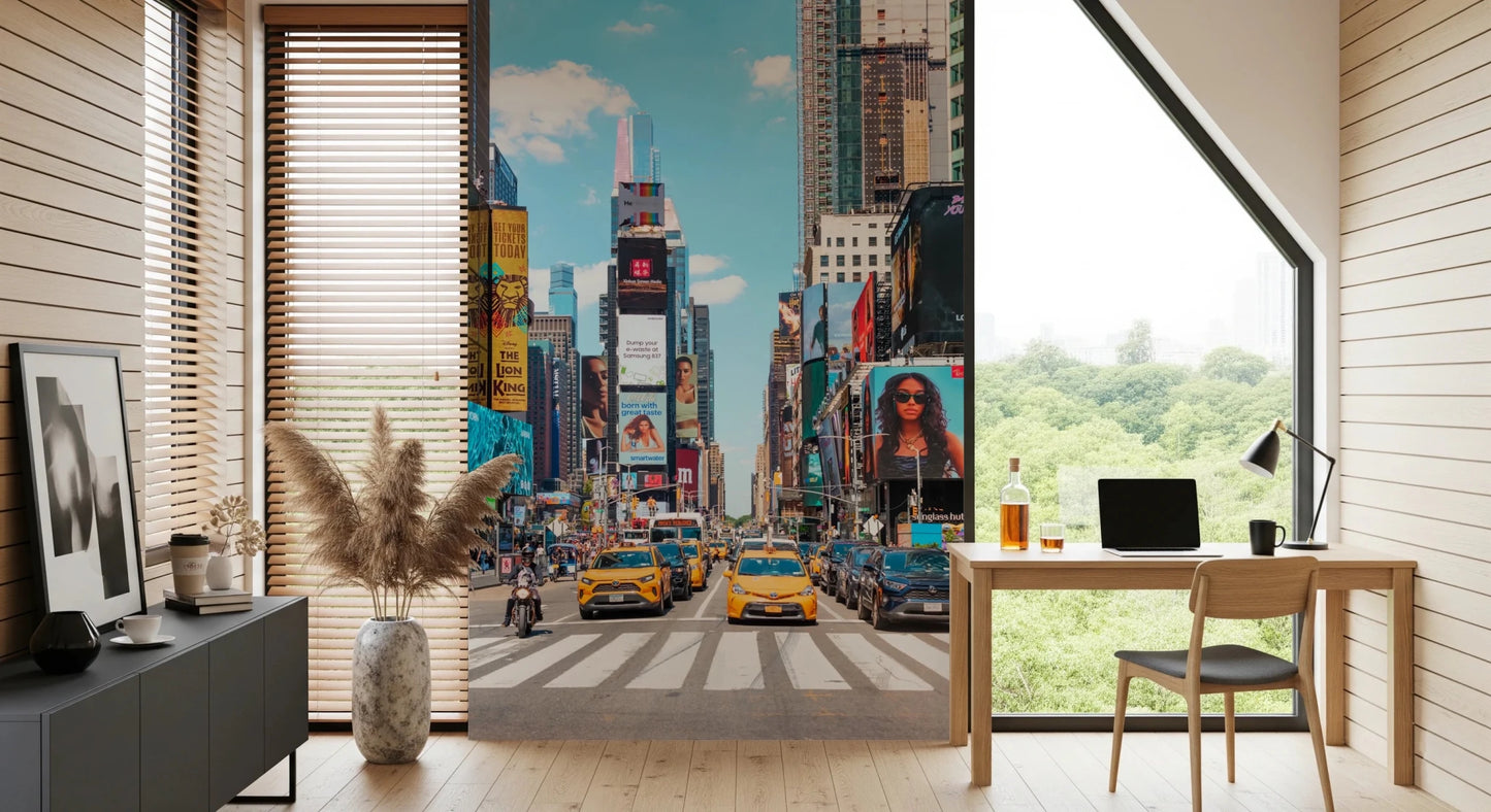 Times Square Buzz wallpaper mural of yellow taxis and billboards beside a wood desk and laptop in a home office