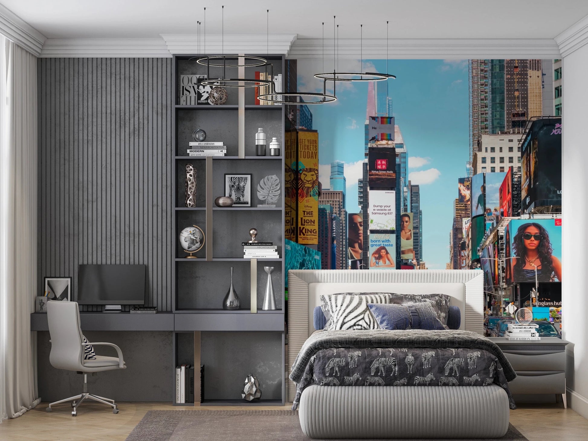 Times Square Buzz wallpaper mural of bright Times Square billboards behind a zebra-print bed and gray desk in a teen room