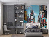 Times Square Buzz wallpaper mural of bright Times Square billboards behind a zebra-print bed and gray desk in a teen room