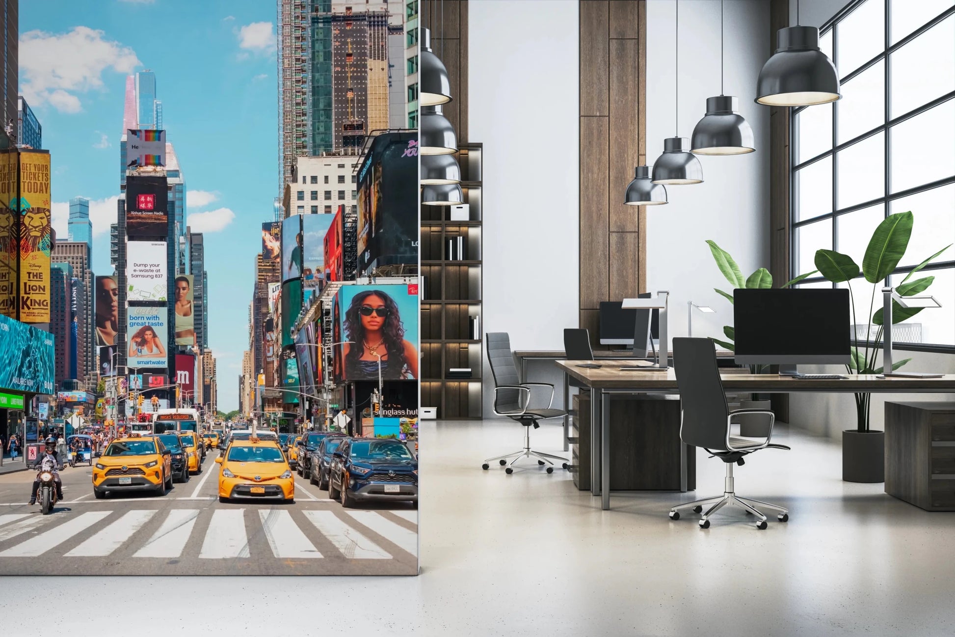 Times Square Buzz wallpaper mural of NYC taxis and billboards beside desks and black chairs in an open-plan office