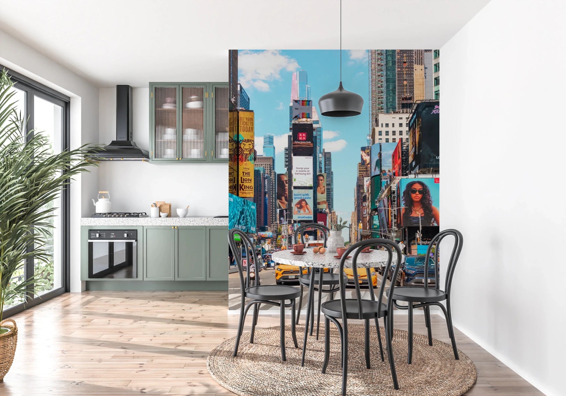 Times Square Buzz wallpaper mural of yellow taxis and bright billboards by a round dining table in a sage green kitchen