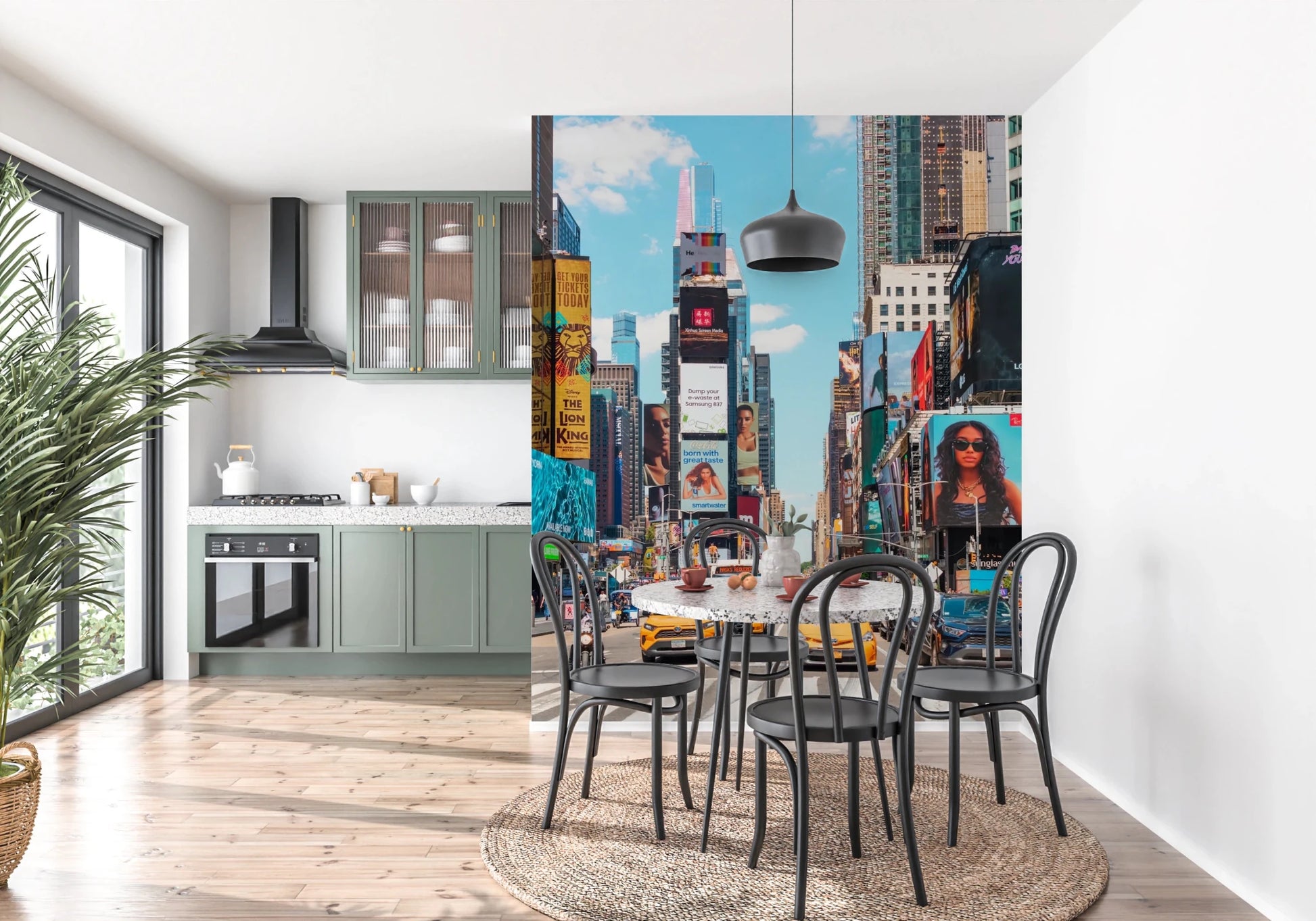 Times Square Buzz wallpaper mural of yellow taxis and billboards by a round bistro table in a sage green kitchen