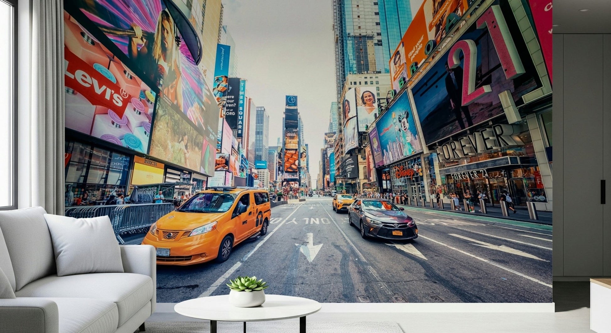 Yellow cab transit Times Square Hustle peel and stick wallpaper.