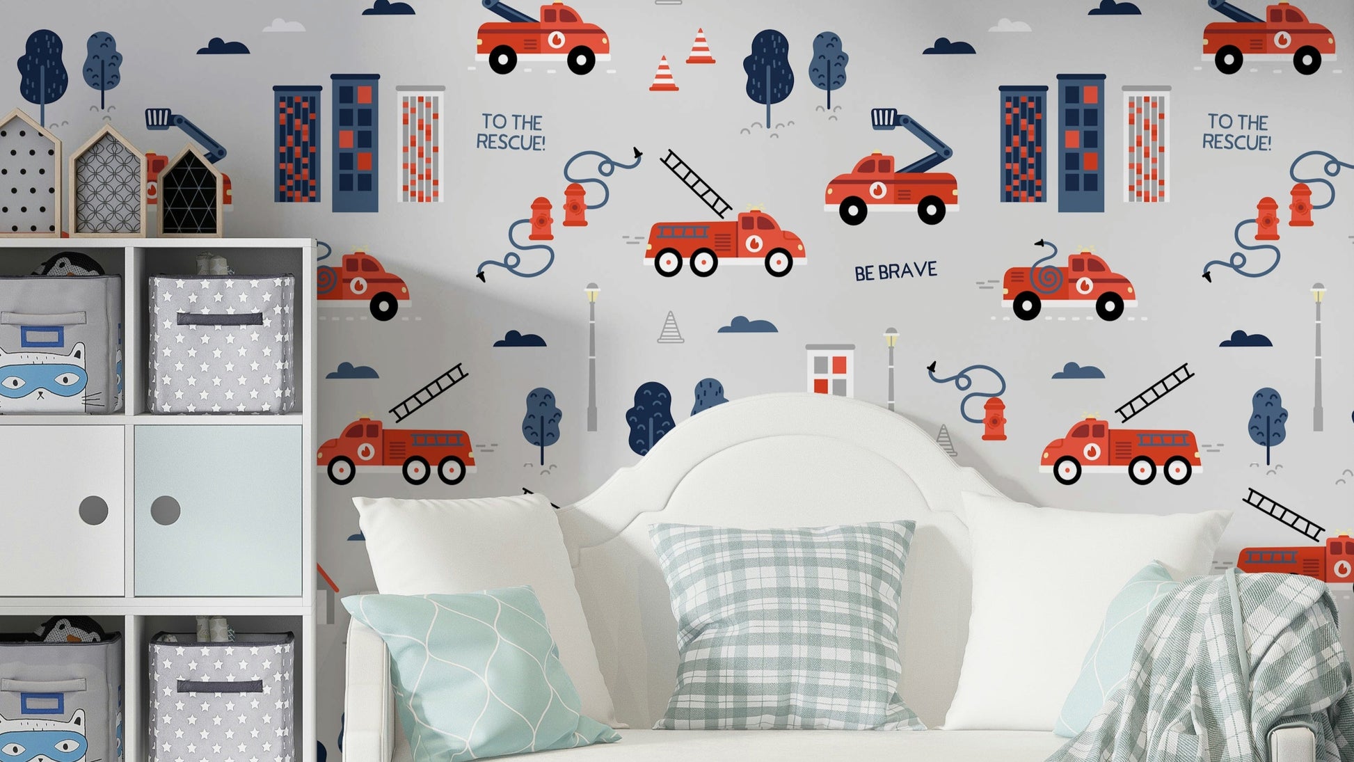 To The Rescue grey wallpaper with fire truck design