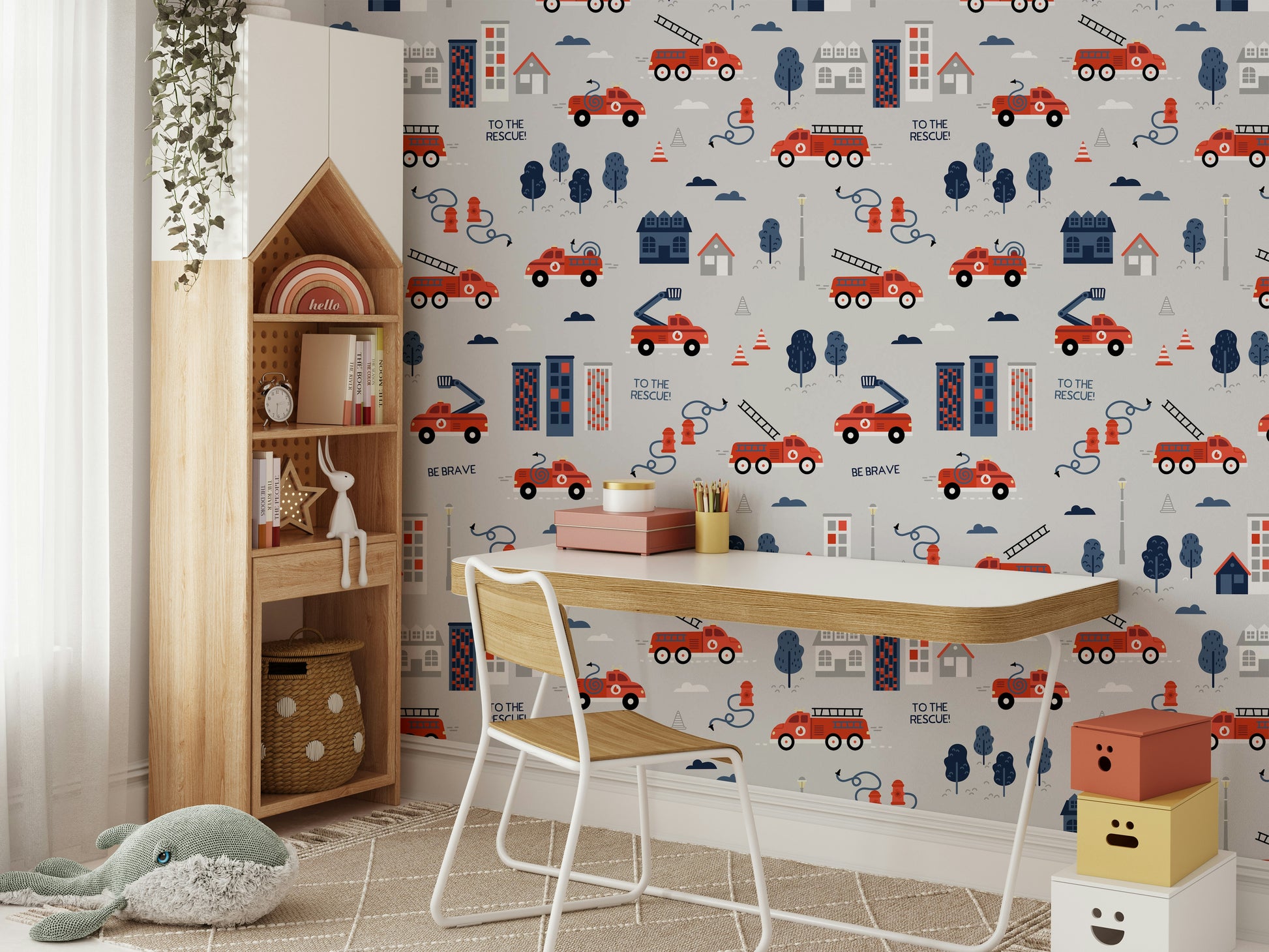 Grey nursery wallpaper with fun and heroic elements