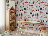 Grey nursery wallpaper with fun and heroic elements