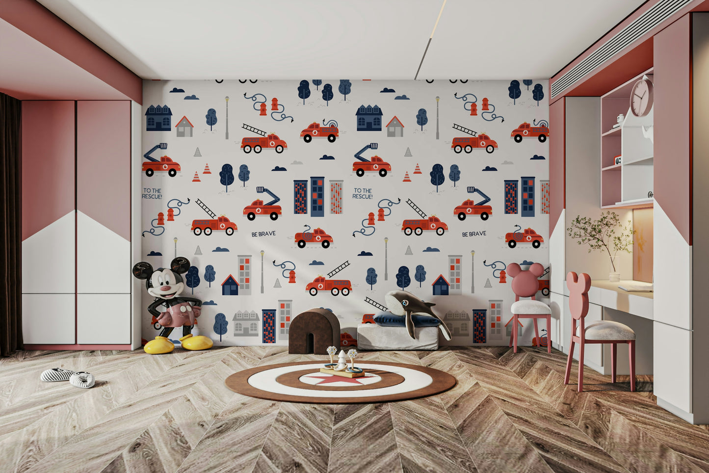 Fire trucks and city buildings wallpaper

