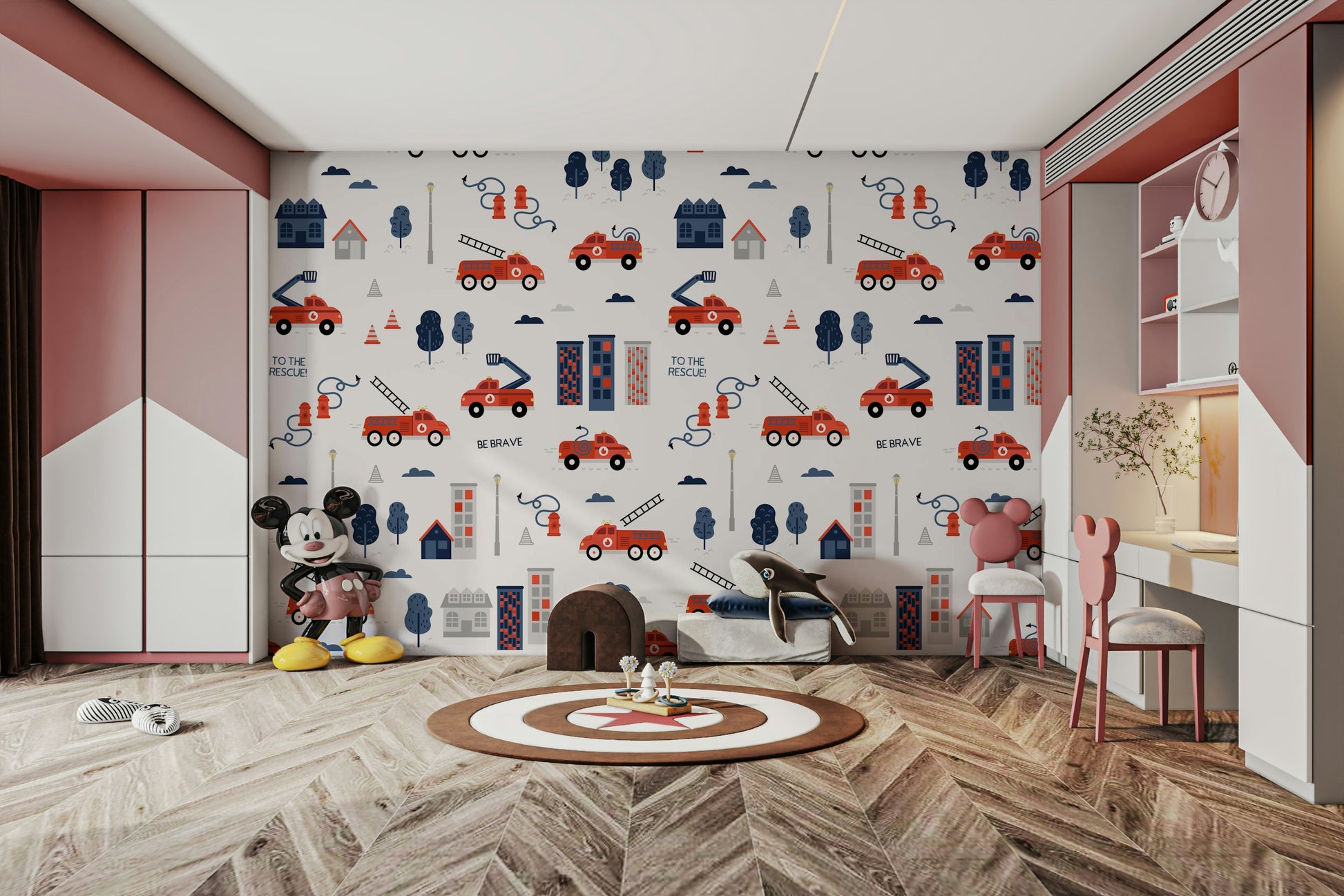 Fire trucks and city buildings wallpaper

