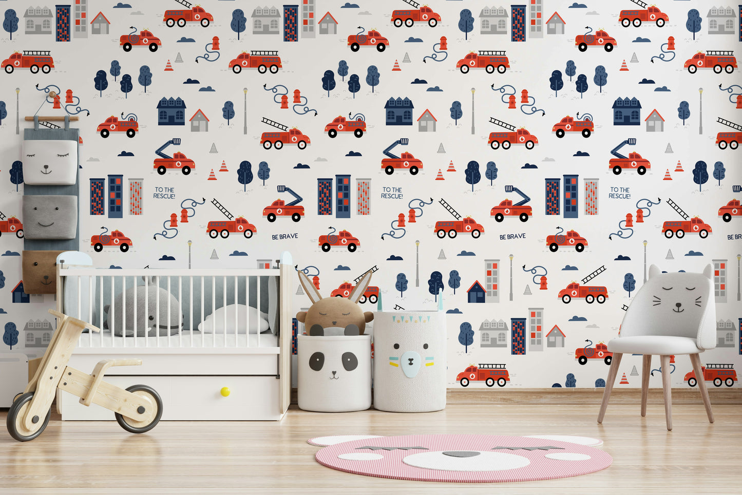 Kids room wallpaper with fire engines

