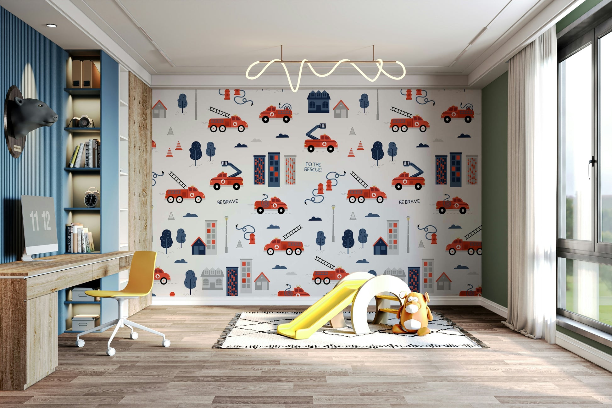 Playful fire truck and hydrant wallpaper

