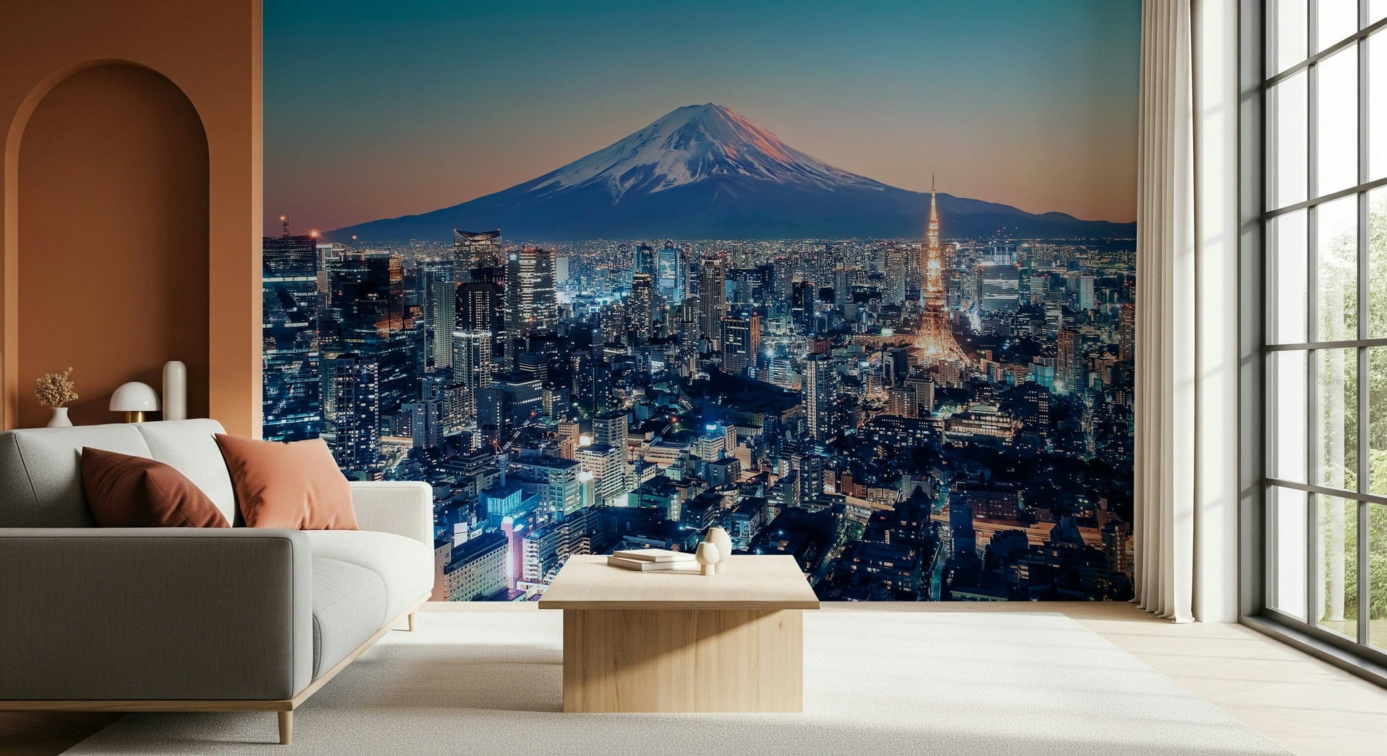 City lights wallpaper mural behind sofa in a contemporary flat