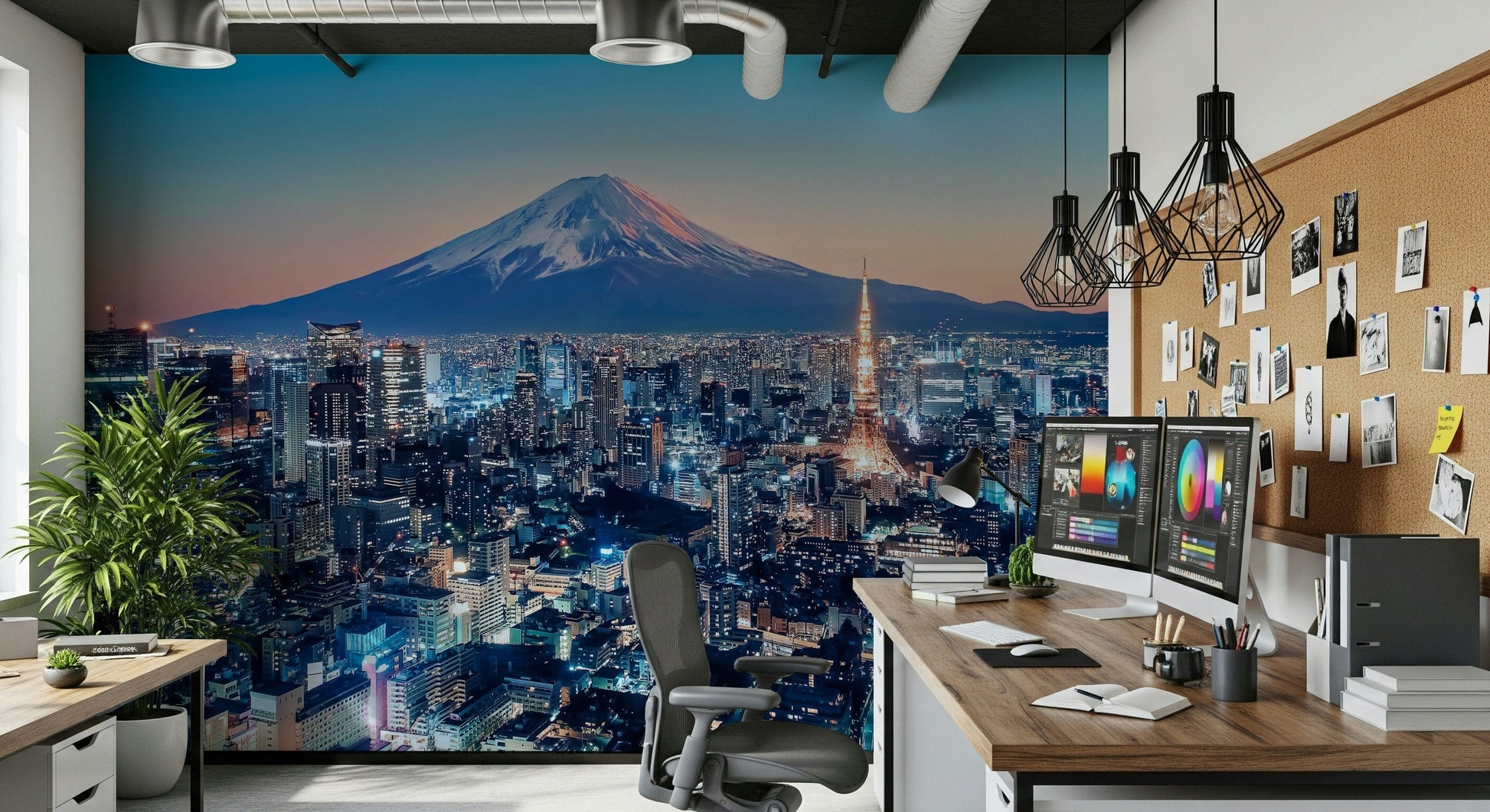 Flat entryway with Tokyo mural and cool colour palette, modern décor