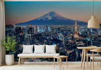 Urban night mural in dining room, clean style with city glow