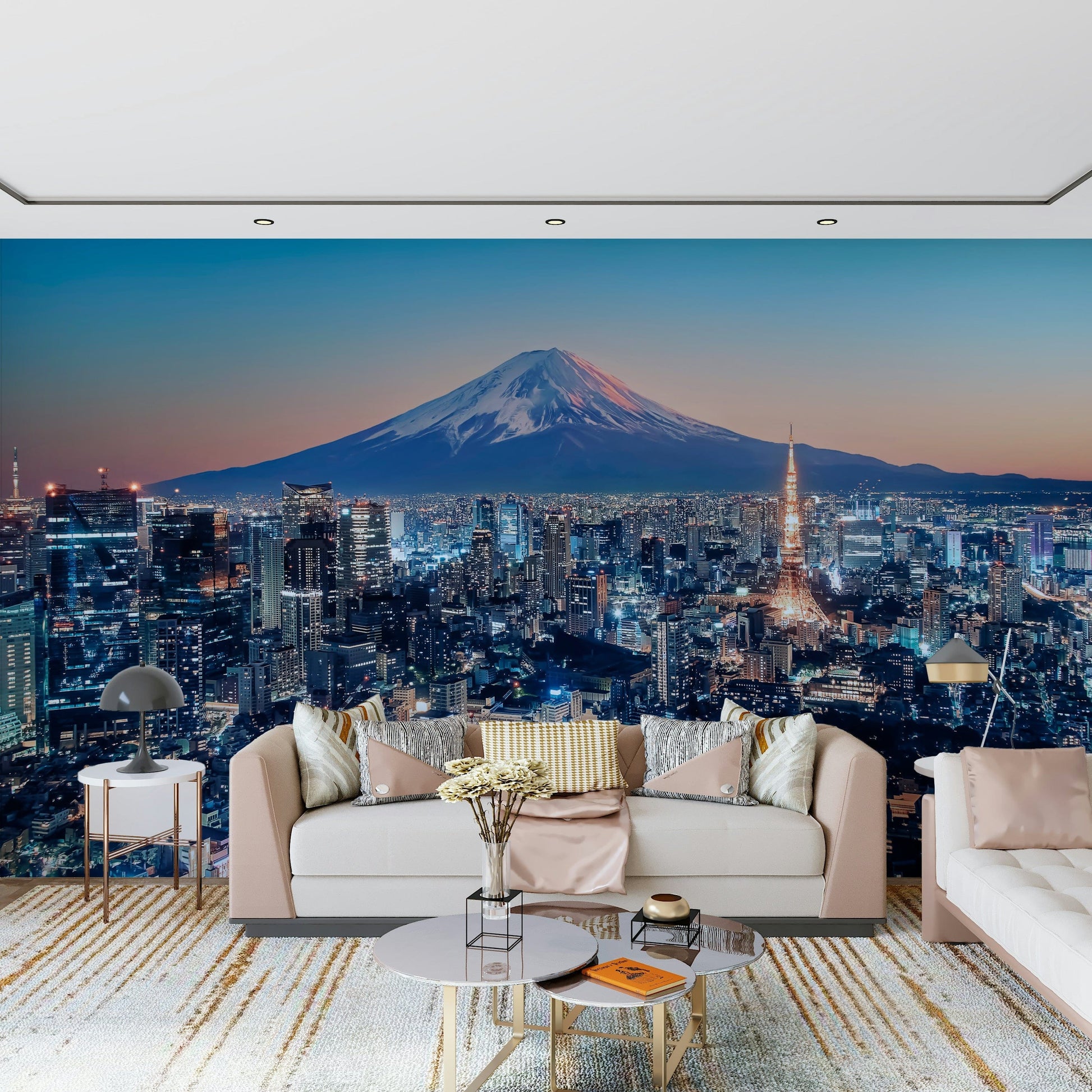 Tokyo skyline at twilight mural in modern living room, cool colour