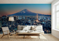 Neon dusk cityscape mural in home office, modern home décor