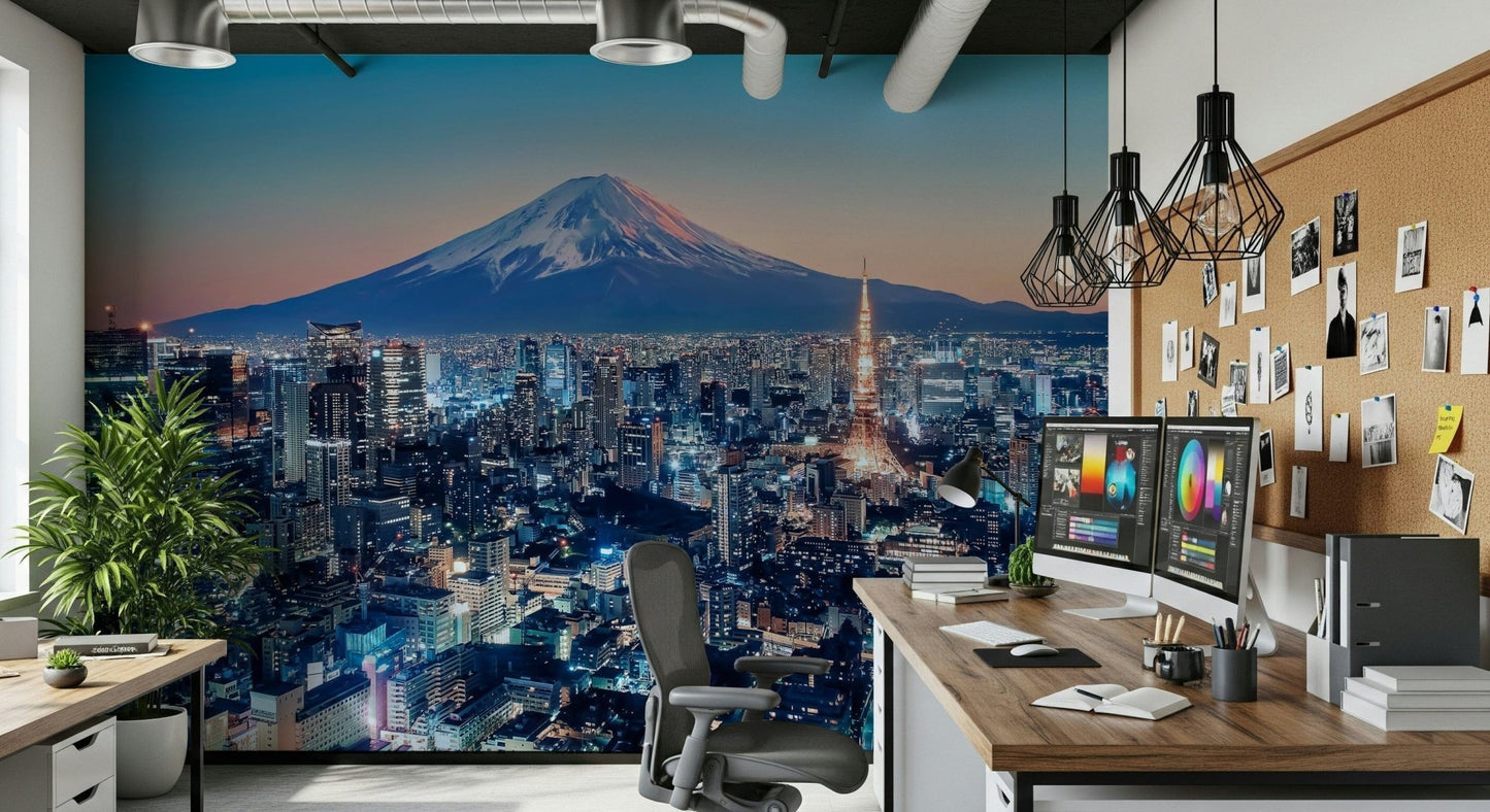 Flat entryway with Tokyo mural and cool colour palette, modern décor