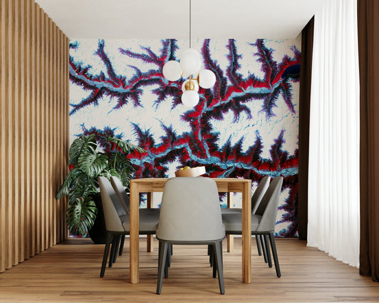 A wall mural of a topographic map landscape.

