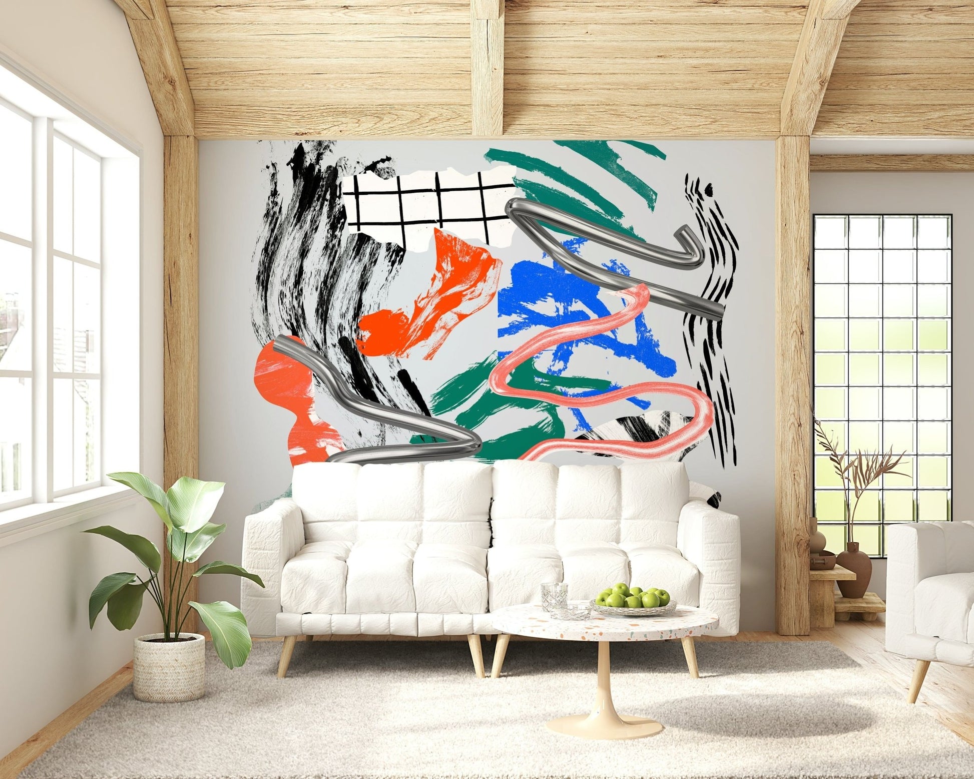 Tornado wall mural with chrome swirls and pink ribbon behind a white tufted sofa under a wood-beam ceiling