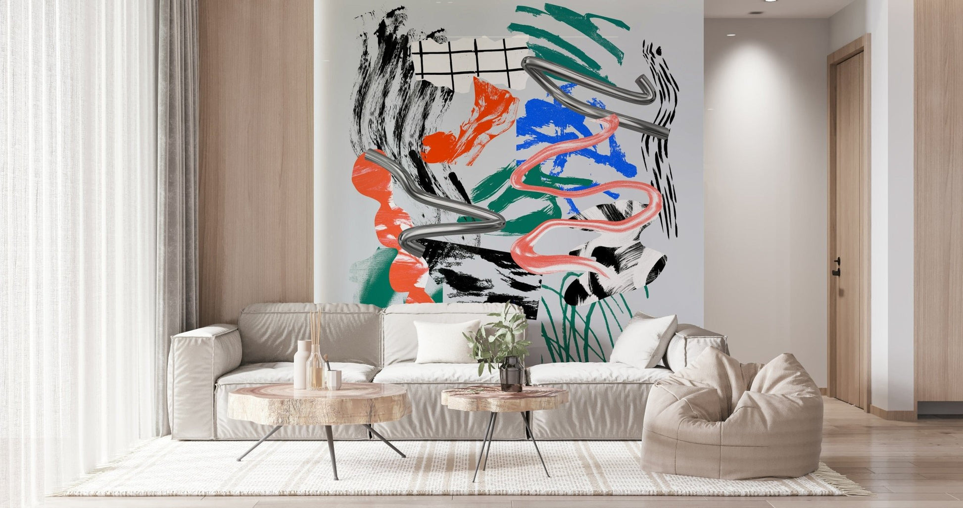 Tornado wall mural of metallic swirls and bright brushstrokes behind a cream sofa and beanbag in a sunny living room