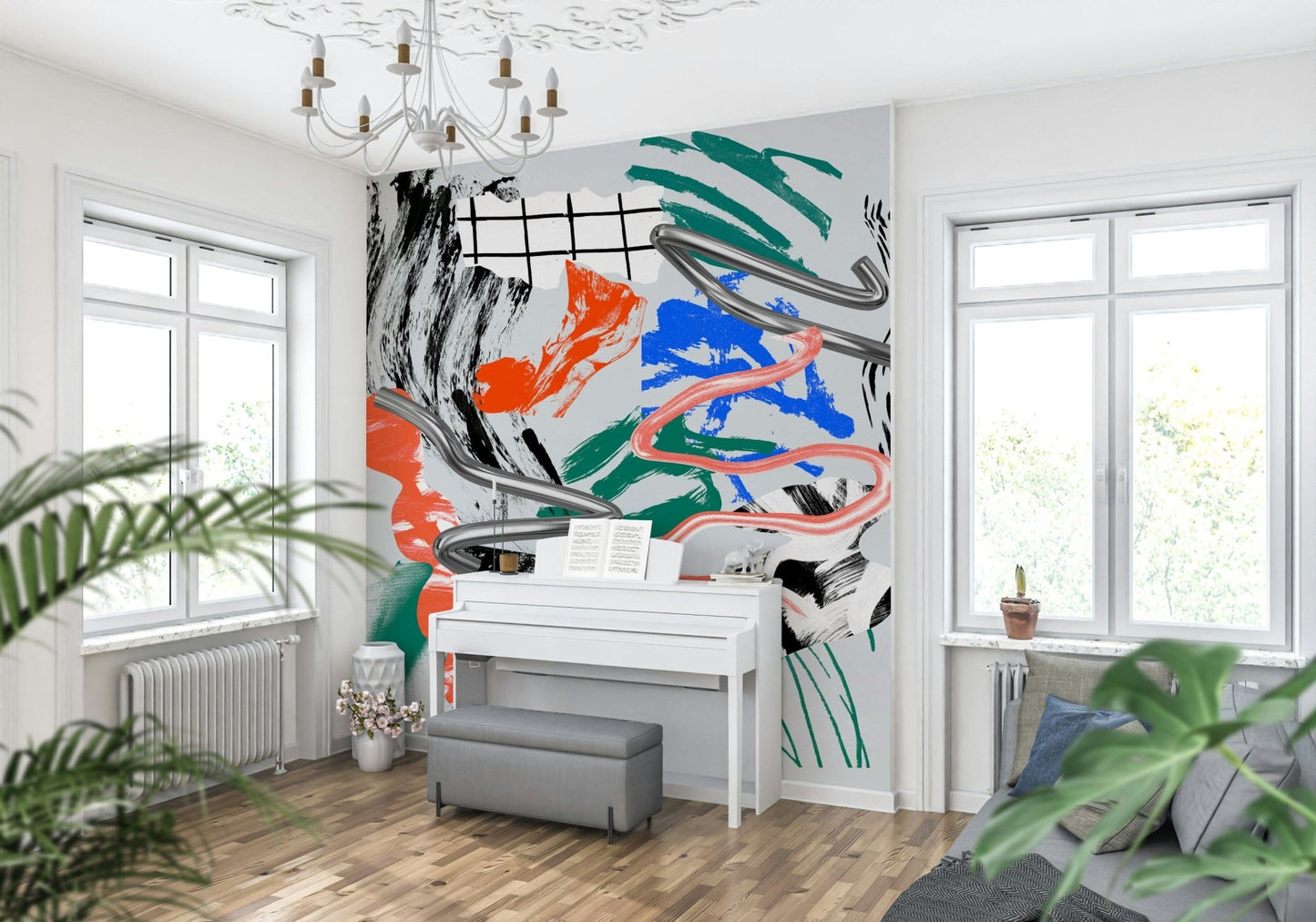 Tornado wall mural of silver swirls and colorful strokes above a white upright piano in a bright music room