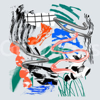 Tornado wall mural shown as a full-wall design of chrome swirls and pink ribbon over black, orange and blue strokes