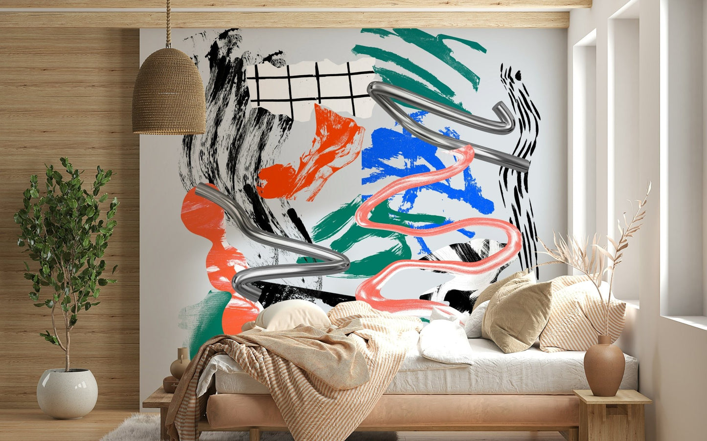 Tornado wall mural of silver swirls and bright brushstrokes above a bed with a striped throw in a cozy bedroom