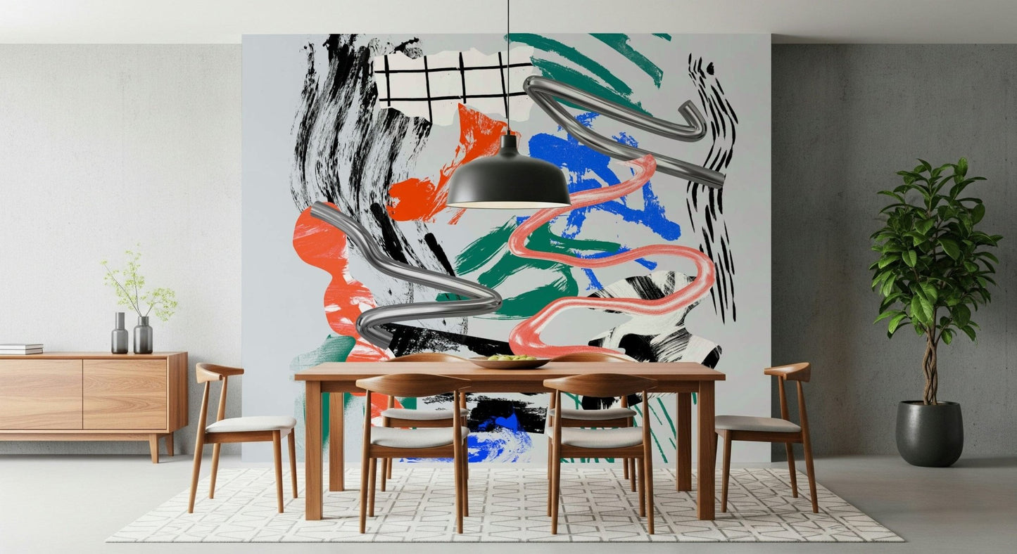 Tornado wall mural with chrome ribbons and colorful strokes behind a wooden dining table and black pendant lamp