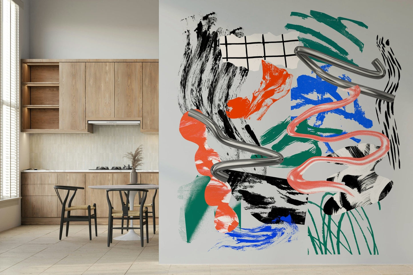 Tornado wall mural of metallic swirls and bold brushstrokes beside a wooden kitchen and dining table with wishbone chairs