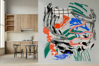 Tornado wall mural of metallic swirls and bold brushstrokes beside a wooden kitchen and dining table with wishbone chairs