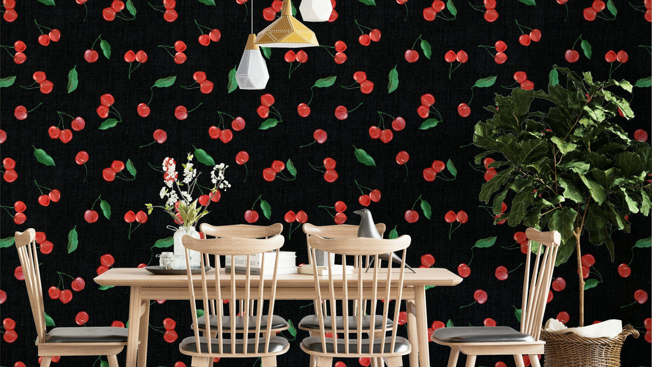 Statement wallpaper featuring scattered black cherries

