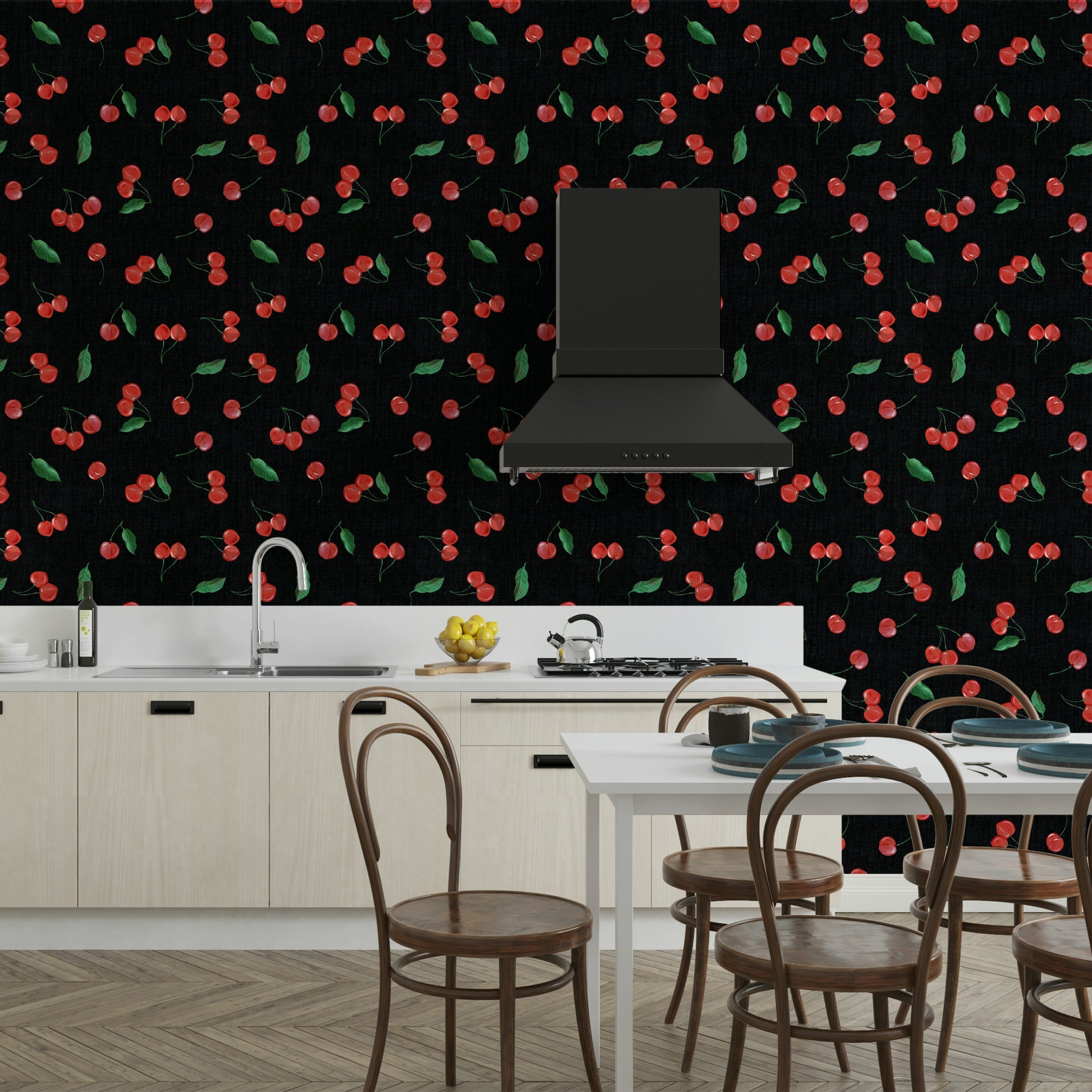 Whimsical toss pattern of painterly black cherries


