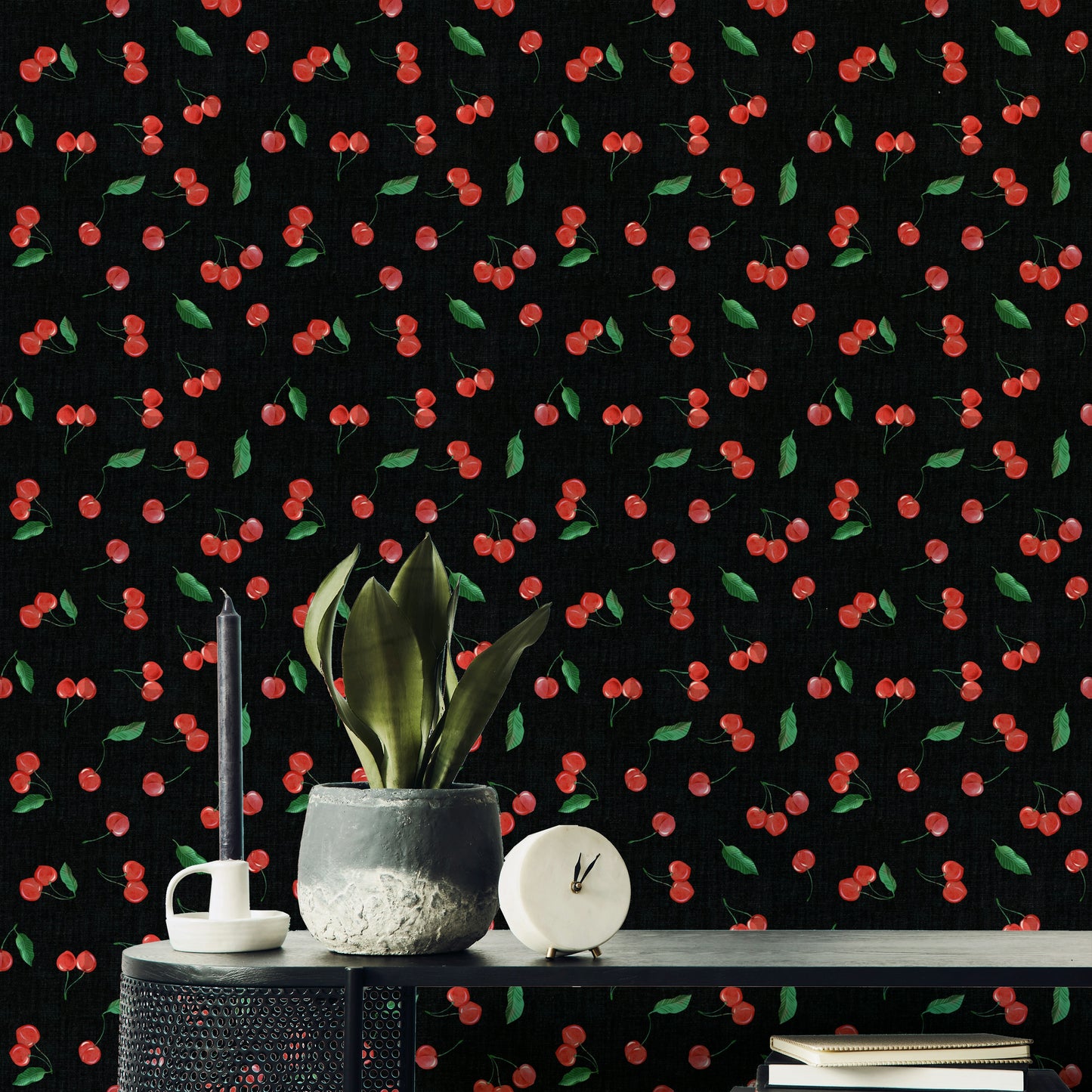 Tossed black cherries wallpaper with artistic style

