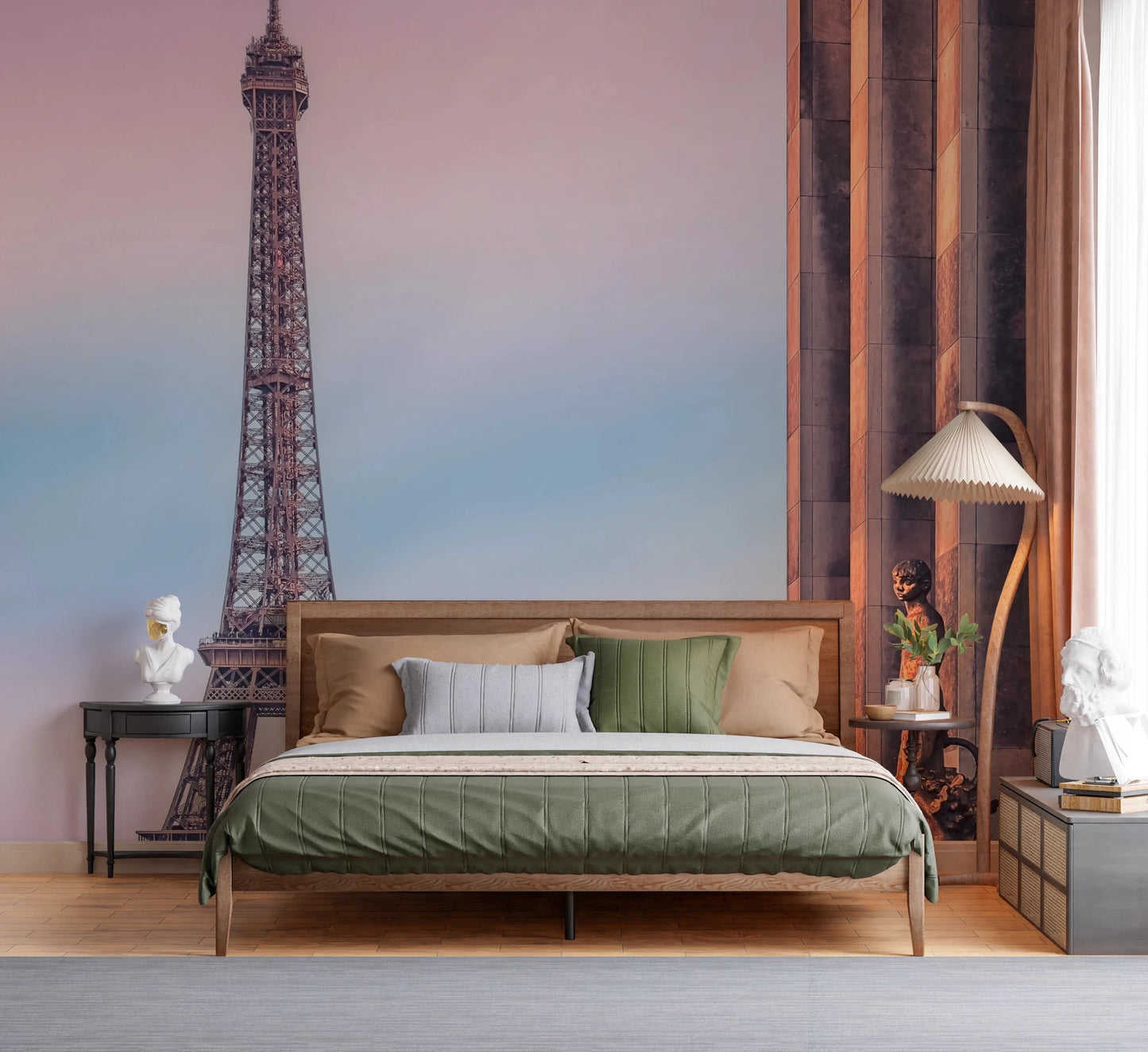 Tour Eiffel Sunset wallpaper mural of the tower in pastel sky behind a wood bed with green bedding