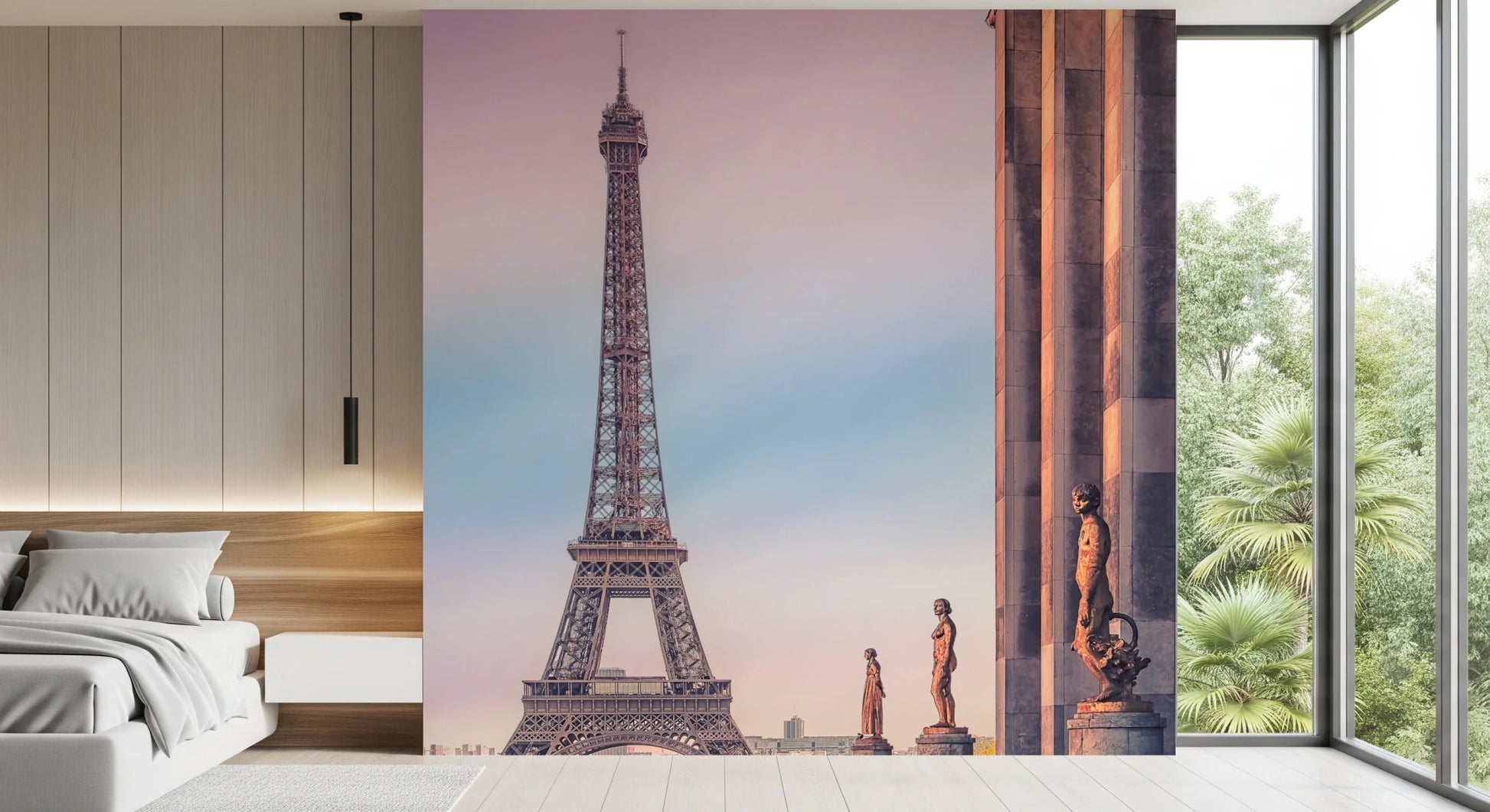 Tour Eiffel Sunset wallpaper mural of the tall pink Eiffel Tower scene beside a low bed in a bedroom