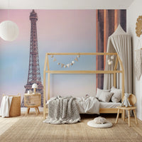 Tour Eiffel Sunset wallpaper mural of the pastel Eiffel Tower in a kids room with a house-frame bed and canopy
