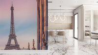 Tour Eiffel Sunset wallpaper mural of the tower and golden statues beside a marble kitchen island with stools