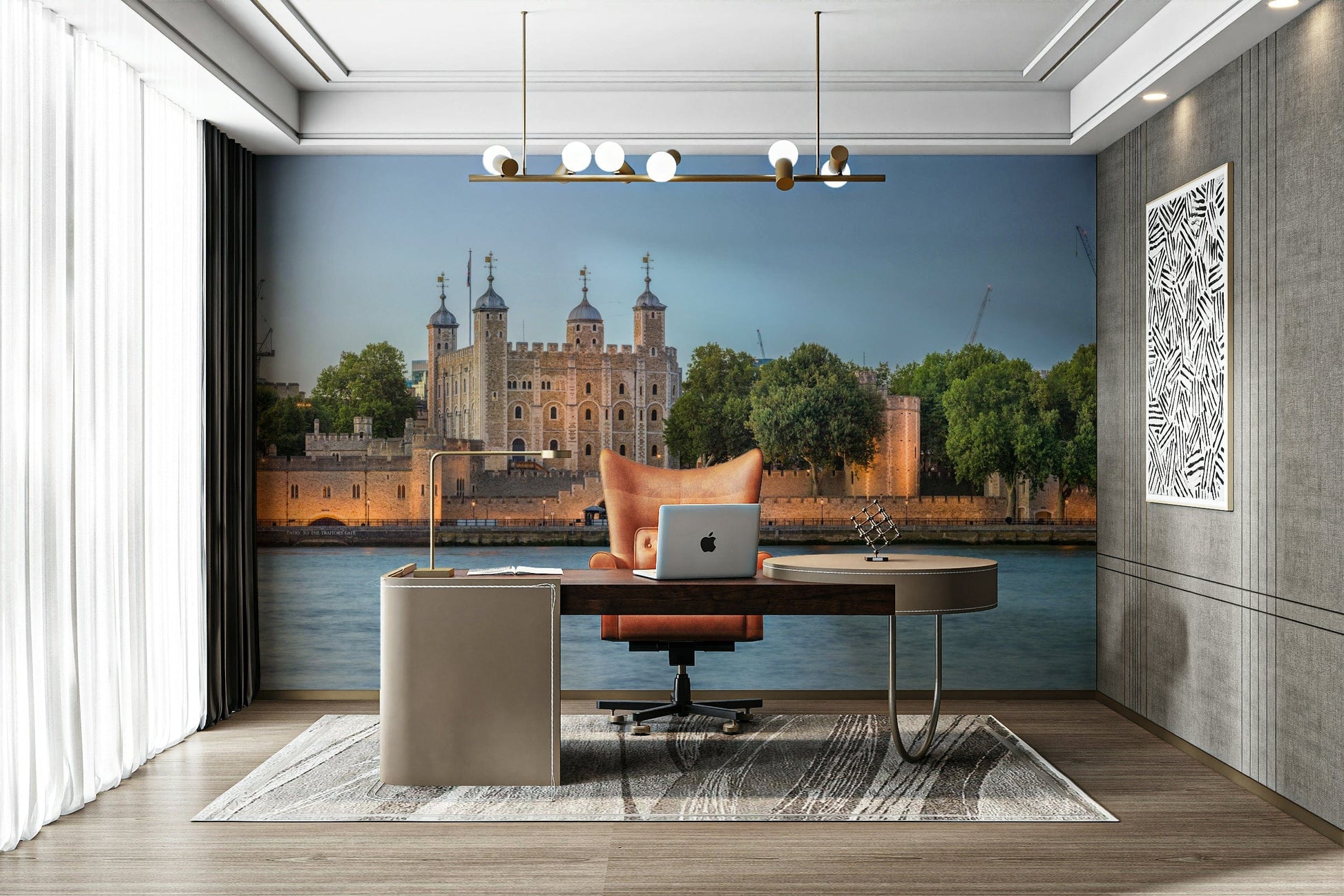 A peaceful historic city mural on decorative wallpaper.

