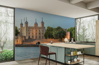 An artistic London panorama mural on minimalist wallpaper.

