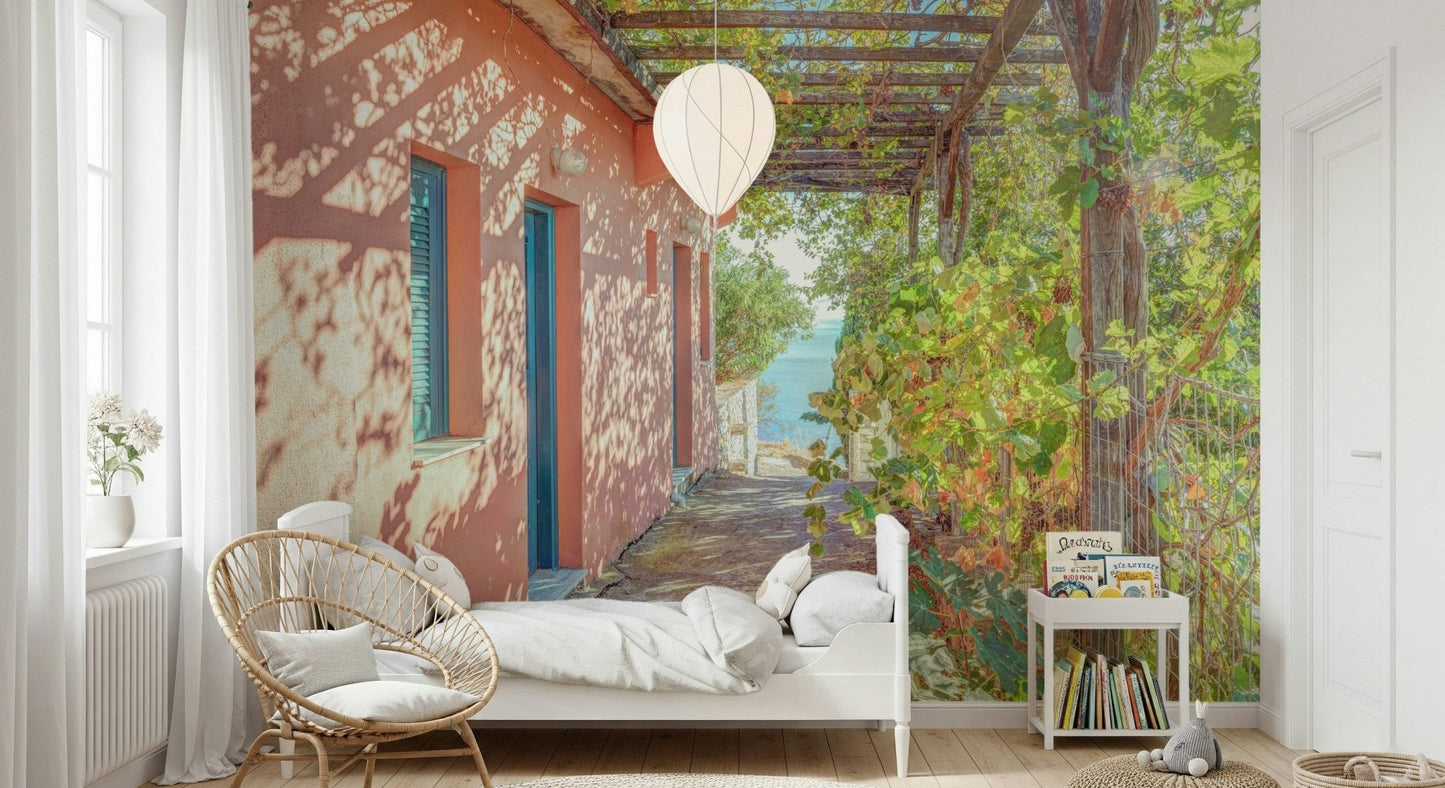 Traditional House in Alonissos wallpaper with teal shutters and ocean glimpse.