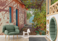 Traditional House in Alonissos scene with vines, shadow, and ocean.