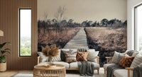 Matte finish nature mural for a minimalist guest room with white bedding.