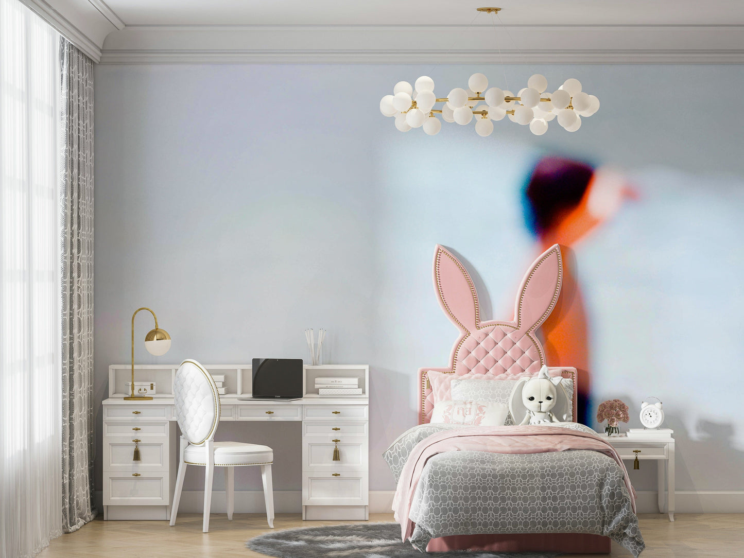 A graceful subtle wave wall mural in cool, natural tones.

