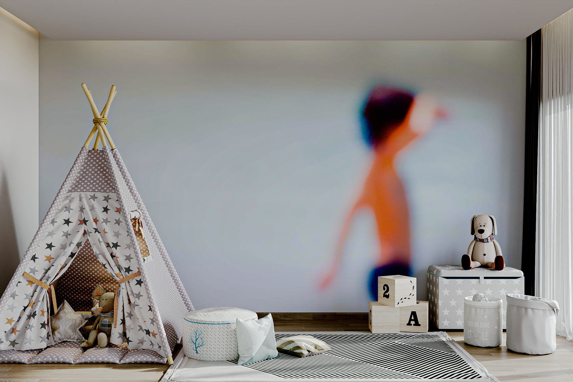 An artistic seaside view mural on minimalist wallpaper.

